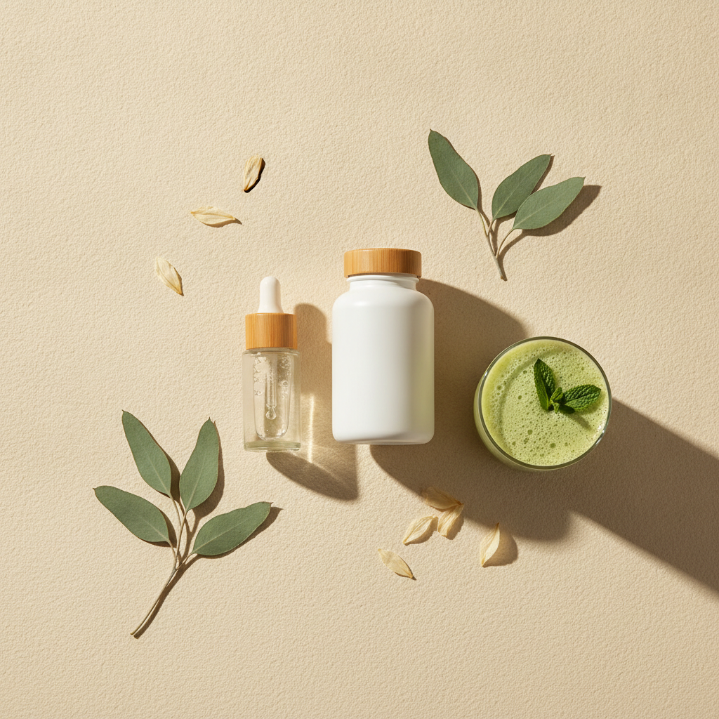 Natural skincare and supplement bottles with a green smoothie and sage leaves on a warm cream surface